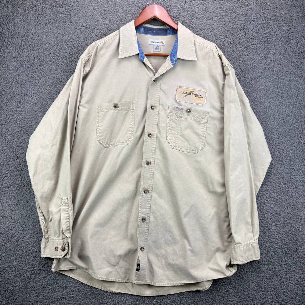 Carhartt Mens XL LS/LN Khaki Tan Button Up Work Shirt Bolton Electric Patch